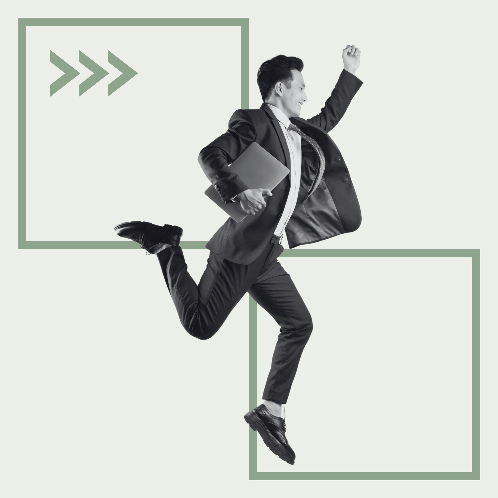 رجل أعمال يقفز وهو يحمل لابتوب، يرمز إلى الجمع بين الاحترافية وسرعة الإنجاز.